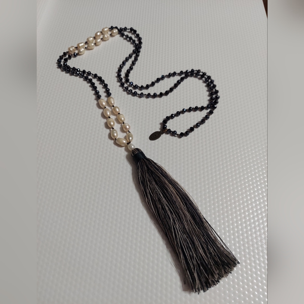 Zacasha Boho Black Faceted Crystal &  Pearl Bead Tassel Necklace